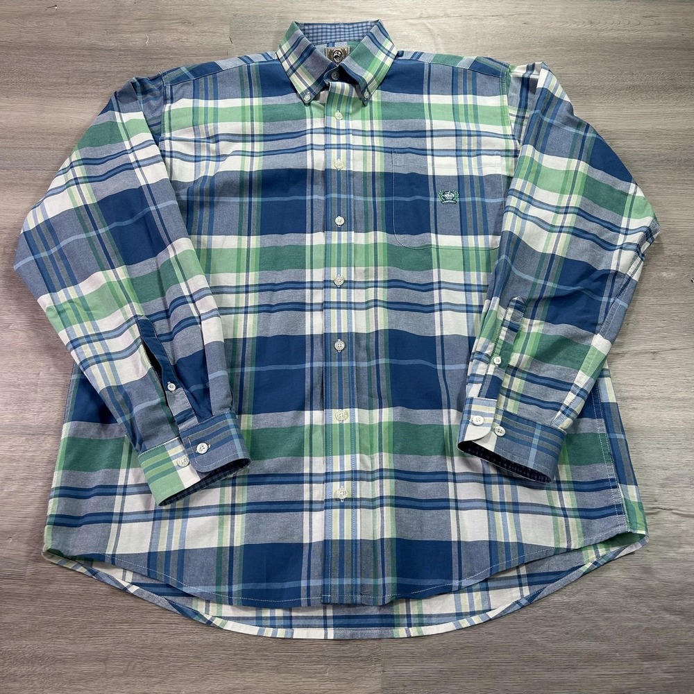 Cinch Shirt Mens Medium Blue Green Plaid Button Down Long Sleeve Western Casual